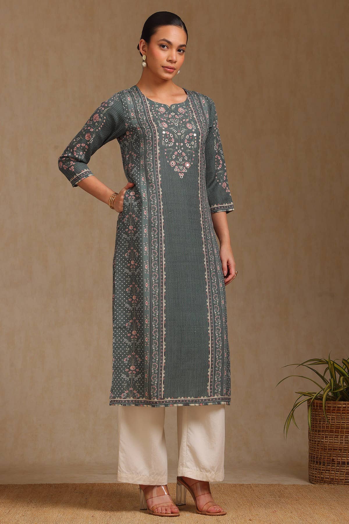 Olive Rayon Botanical Printed Kurta With Mirror Work - View 4
