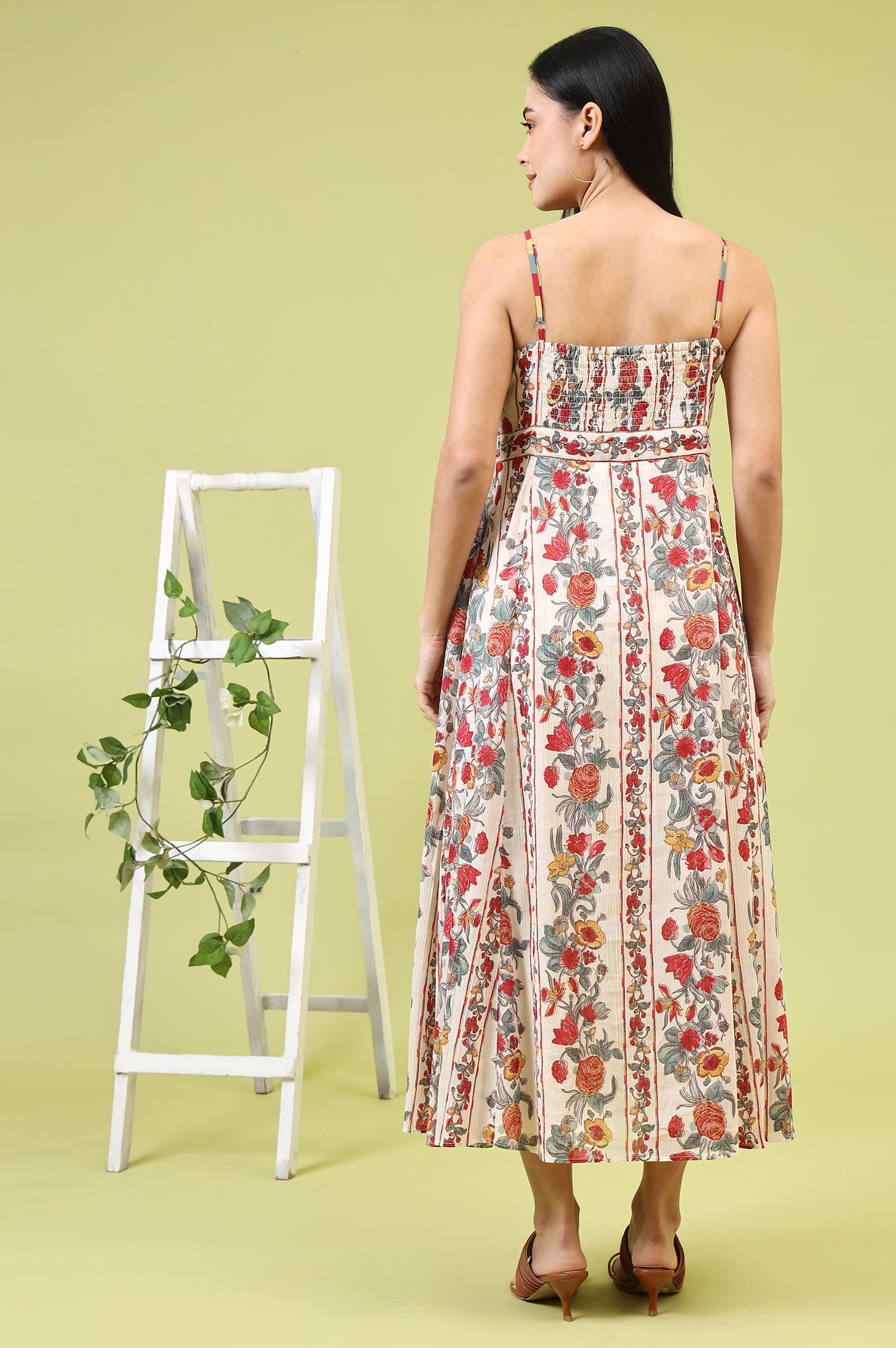 Off-White Vibrant Floral Printed Pure Cotton Flared Spaghetti Dress - View 8