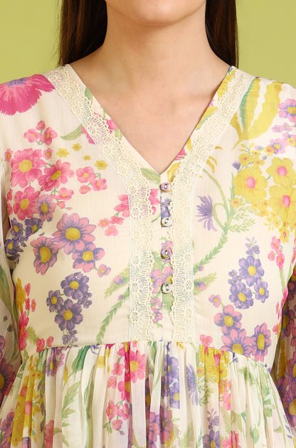 Floral Printed Flared Polyester Dress - View 5