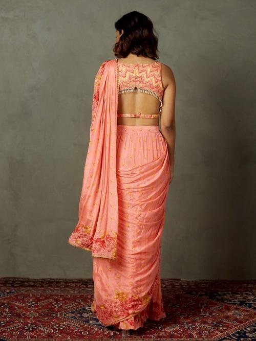 Coral Blue Rose Pre-Draped Saree - View 4